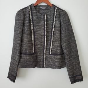 Vince Women's Size 10 Boucle Jacket Leather Contrast Full Zip Fringe Trim Tweed